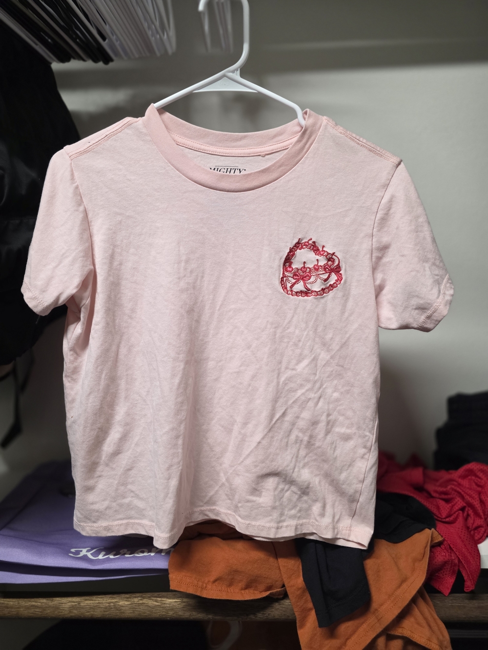 Mighty Fine Light Pink Tee with Red Embroidered Crest